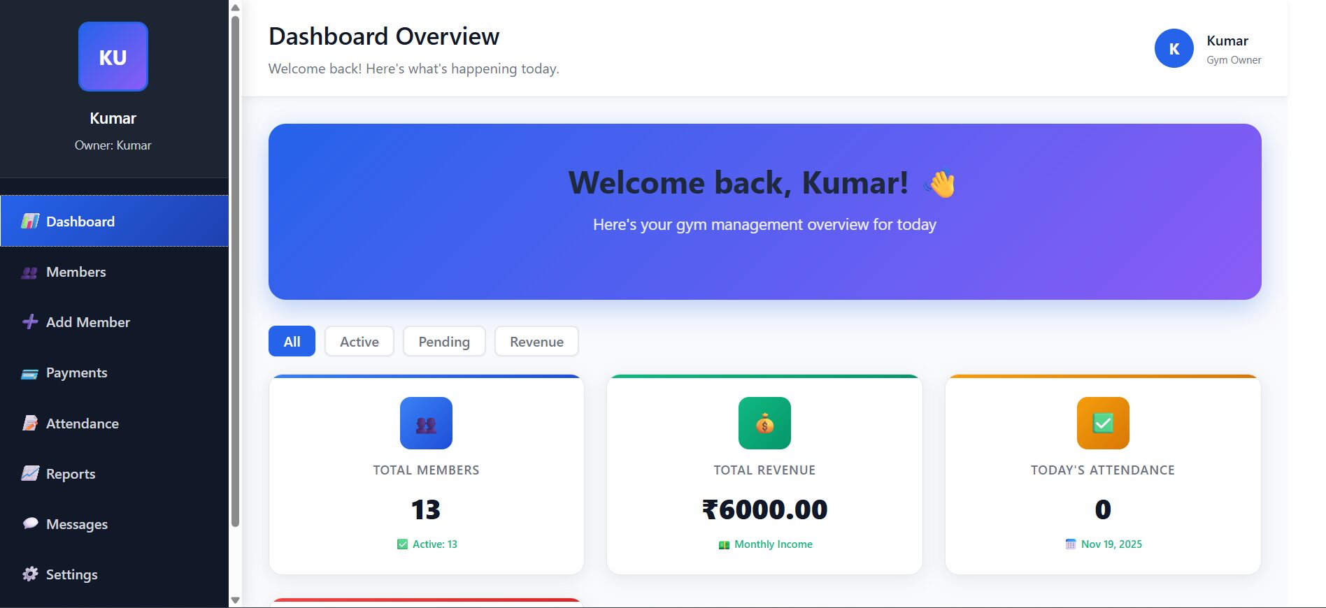 Dashboard Overview - Showing stats cards, filters and quick actions