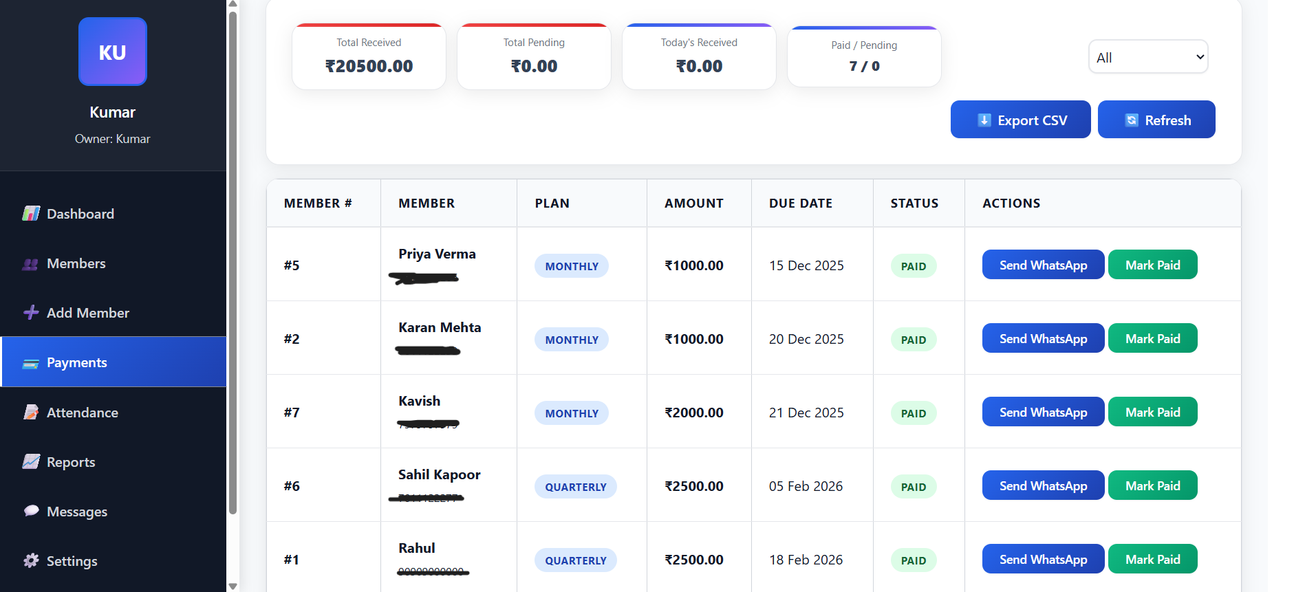 Payments Dashboard - Showing payment summary and transaction list