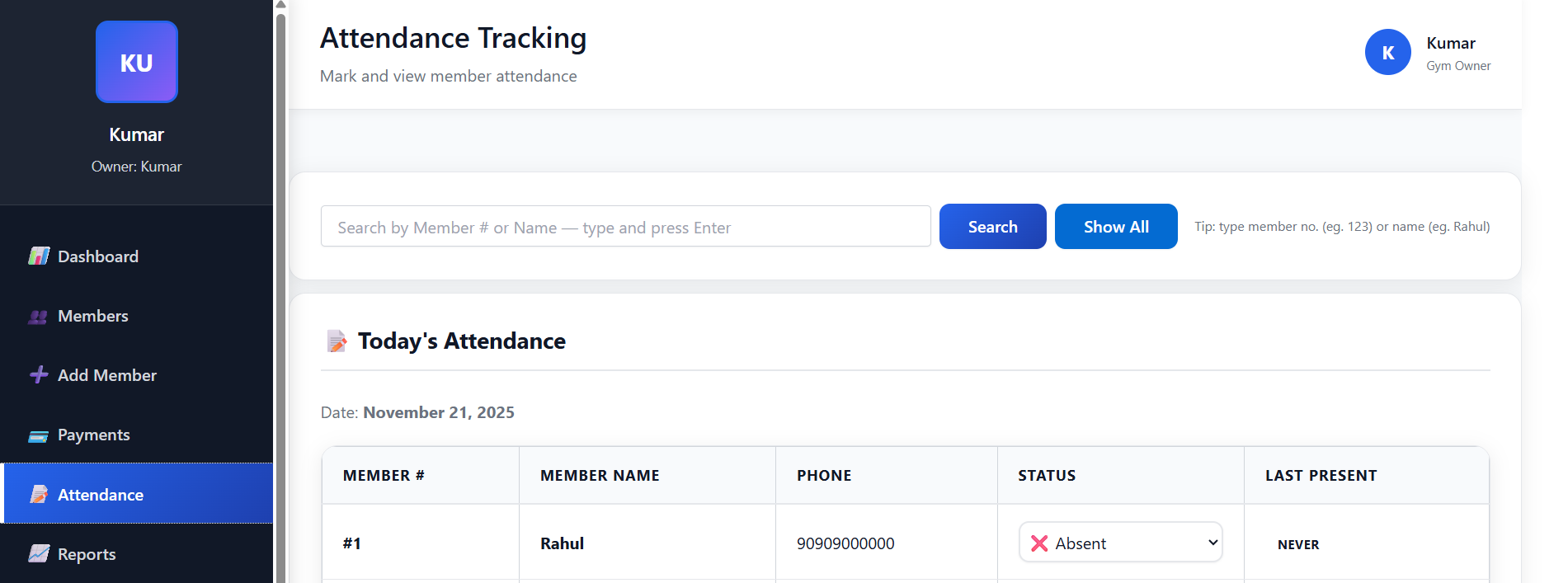 Attendance Tracking - Showing today's attendance with present/absent status