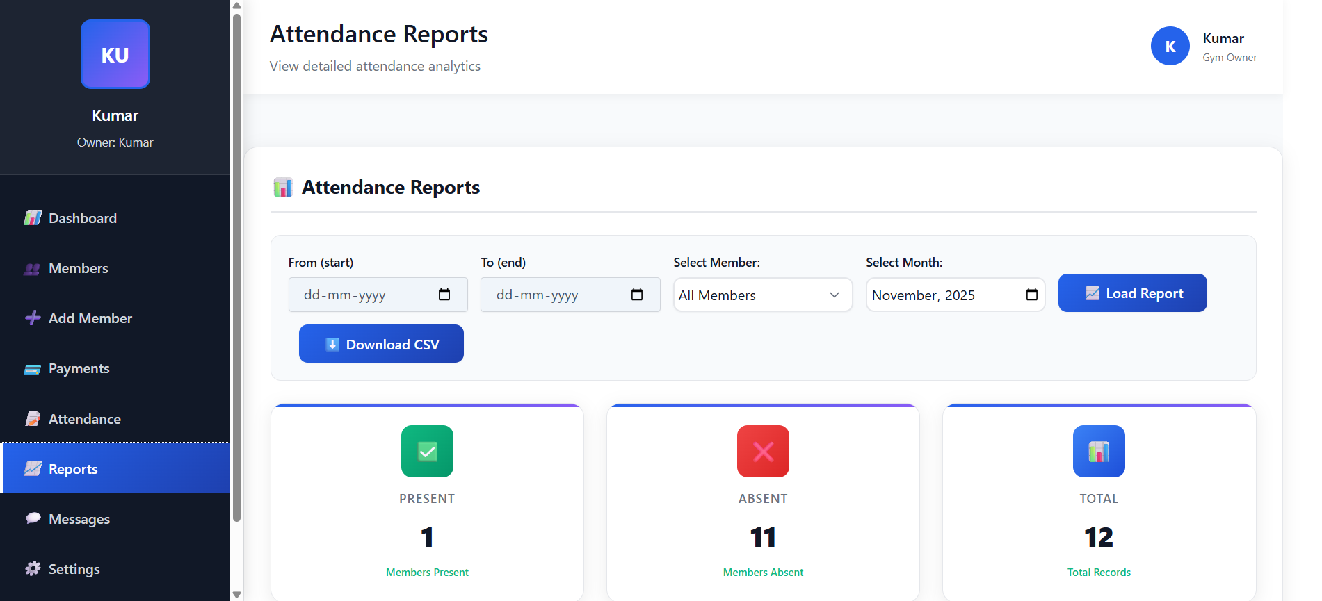 Reports Dashboard - Showing analytics and export options