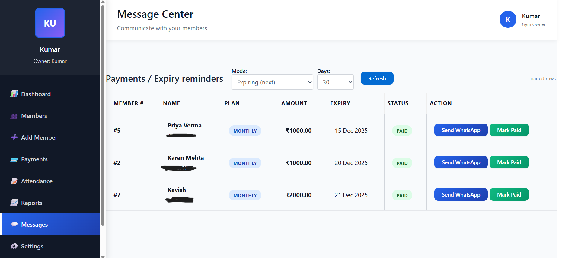 Messages Center - Showing payment reminders and expiry alerts