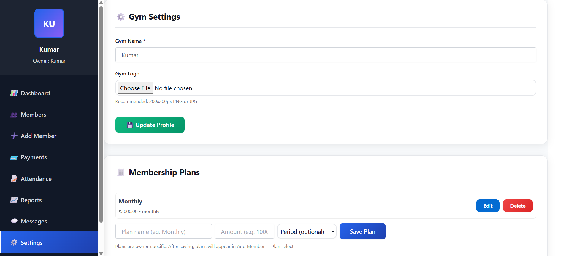Settings Panel - Showing gym profile and plan management